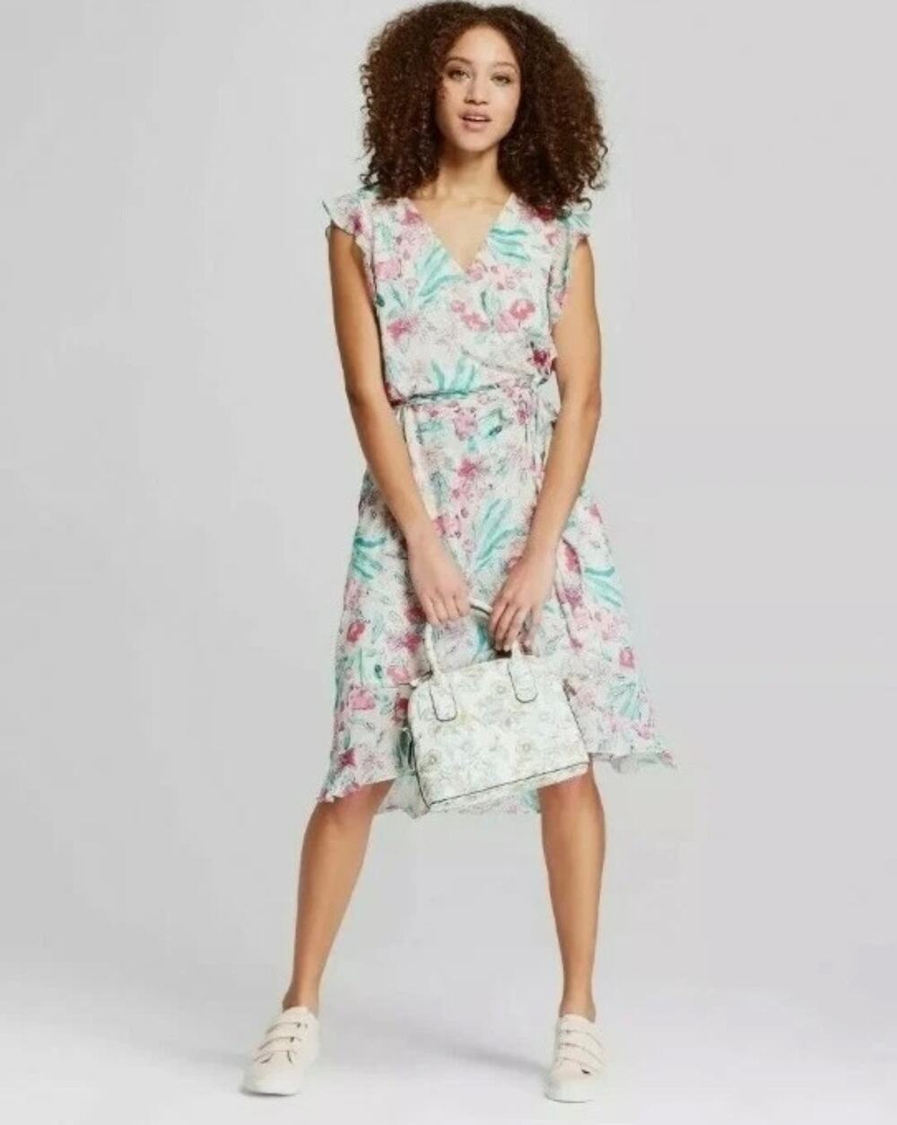 A New Day Floral Faux Wrap Midi Dress Sz L Ruffles Asymmetrical Hem Garden Beach